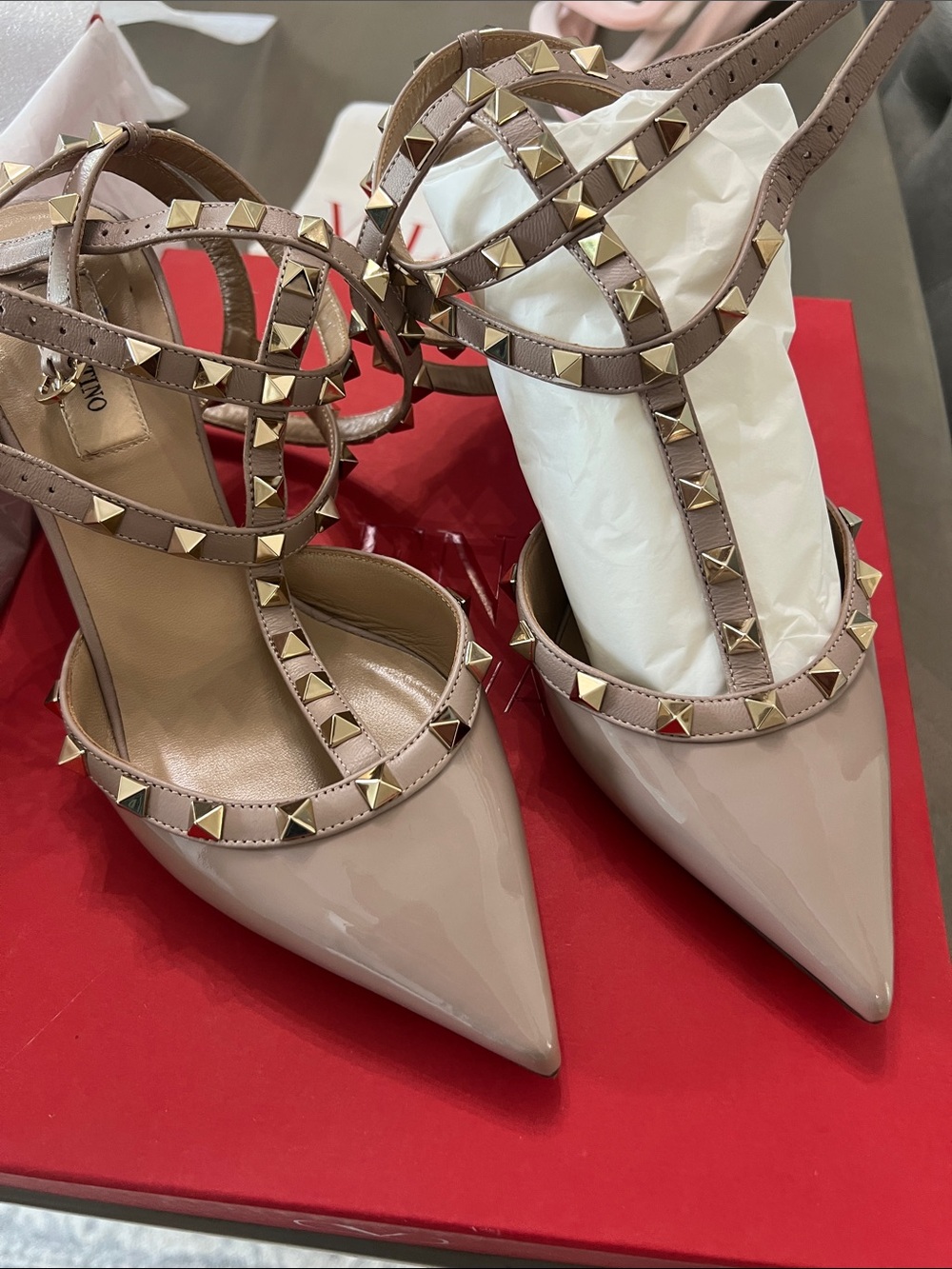 Valentino Rockstud Pointed-Toe Ankle-Strap Pumps in Nude Pink